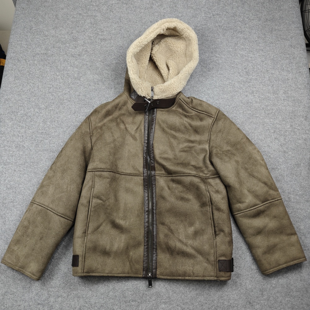 ZARA Jacket Womens Small Brown Hooded Lined Faux Suede Buckle Strap Full Zip